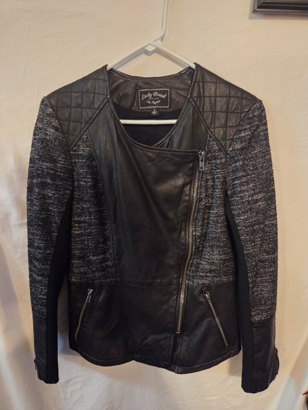 Lucky Brand 100% Lamb Leather Wool Black Moto Jacket Womens Small
